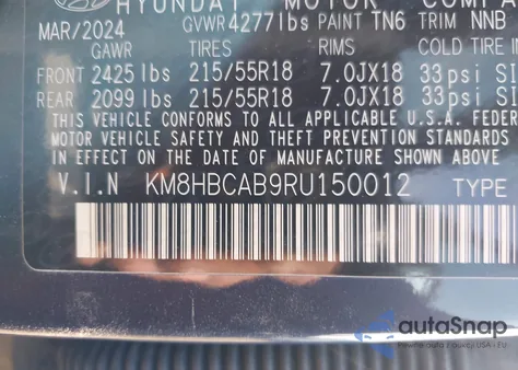 2024 Hyundai Kona Sel from USA, damaged, VIN KM8HBCAB9RU150012
